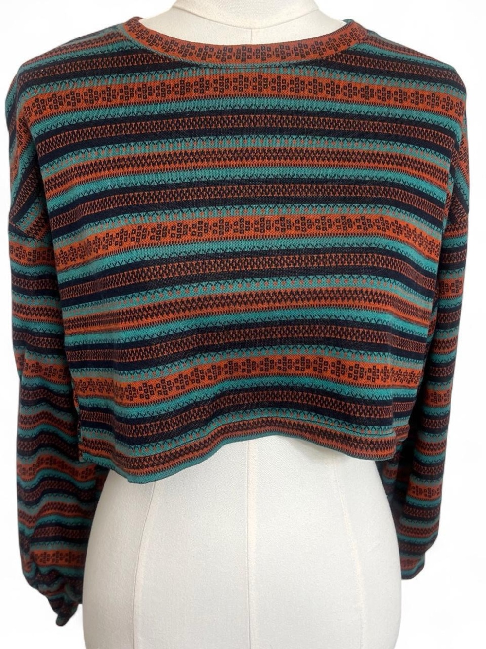 Blue orange striped pattern cropped long sleeve top fall autumn indie western
